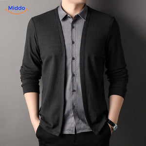 Full display view of men's slim fit 2-in-1 knit shirt.