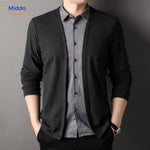 Full display view of men's slim fit 2-in-1 knit shirt.