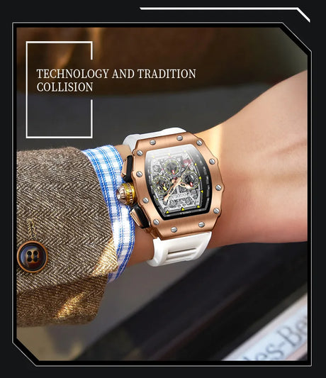 Rose gold chronograph watch with white dial worn on wrist.
