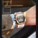 Rose gold chronograph watch with white dial worn on wrist.