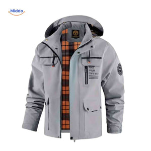 Waterproof men's jacket with hood and chest pocket.