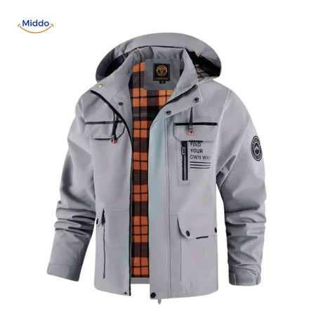 Waterproof men's jacket with hood and chest pocket.