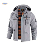 Waterproof men's jacket with hood and chest pocket.