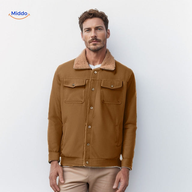 WinterFlex men's winter jacket in camel with brown collar detail.