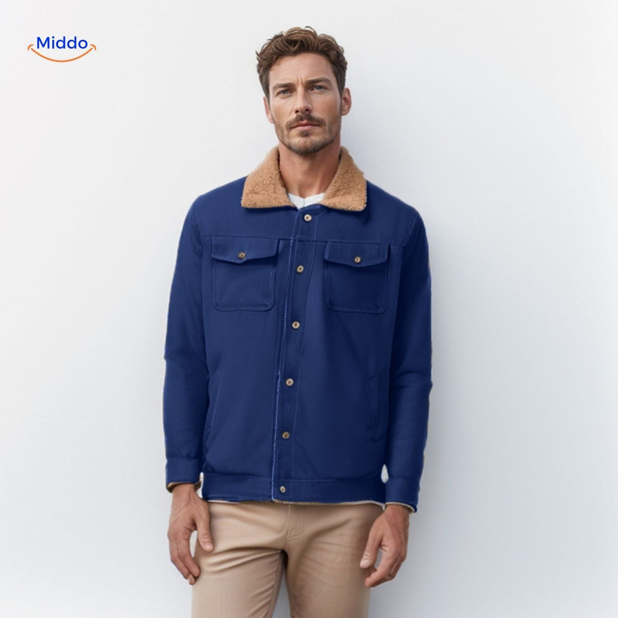 WinterFlex men's winter jacket in dark navy blue with brown collar.
