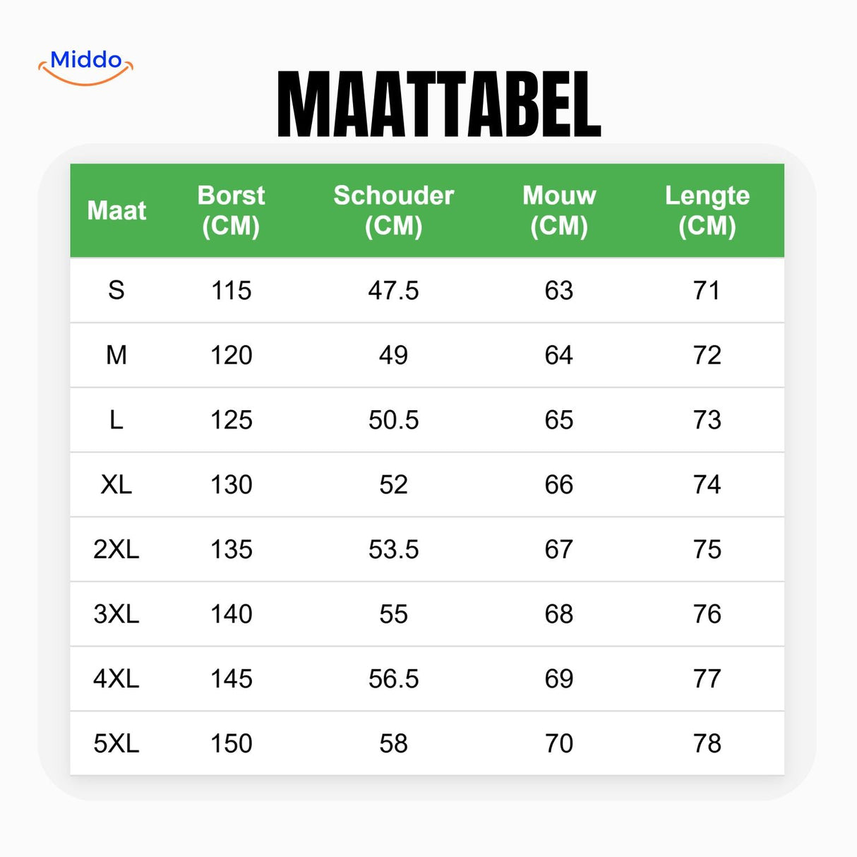 WinterFlex men's winter jacket sizing guide and measurements.
