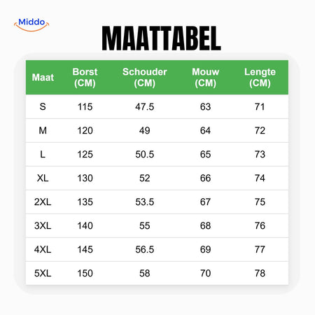 WinterFlex men's winter jacket sizing guide and measurements.