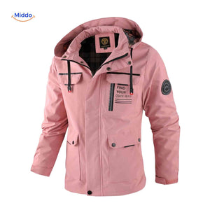 Wind-resistant men's winter jacket with hood and chest pocket.