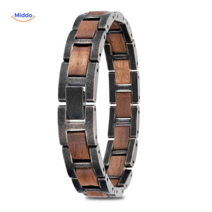 Men's wooden bracelet featuring alternating wood segments and metal chain links.
