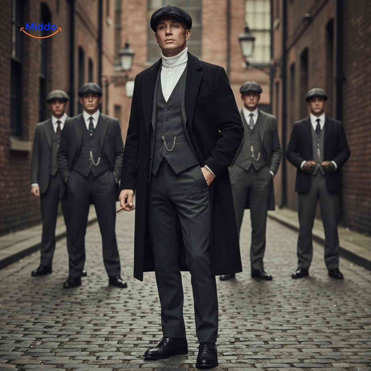 Mens long wool overcoat styled with a classic cap, showcasing British heritage winter fashion.