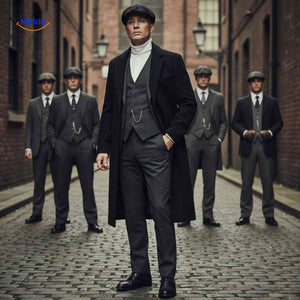 Mens long wool overcoat styled with a classic cap, showcasing British heritage winter fashion.