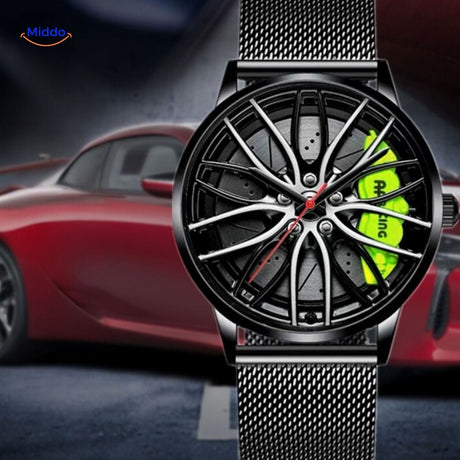 Men's automatic watch with mesh band and green accents for active lifestyle.