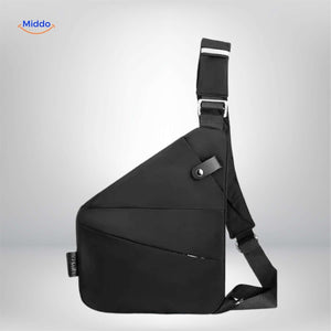 Minimalist sleek black chest bag with clean aesthetic.