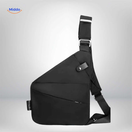 Minimalist sleek black chest bag with clean aesthetic.