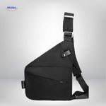 Minimalist sleek black chest bag with clean aesthetic.
