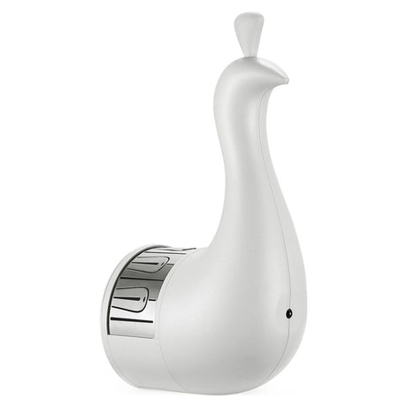 Minimalist white peacock design with adjustable LED color-changing light.