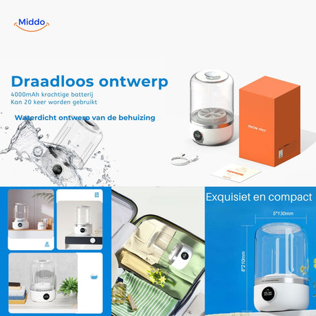 MiniWash Pro portable cordless washing machine with powerful battery in compact design.