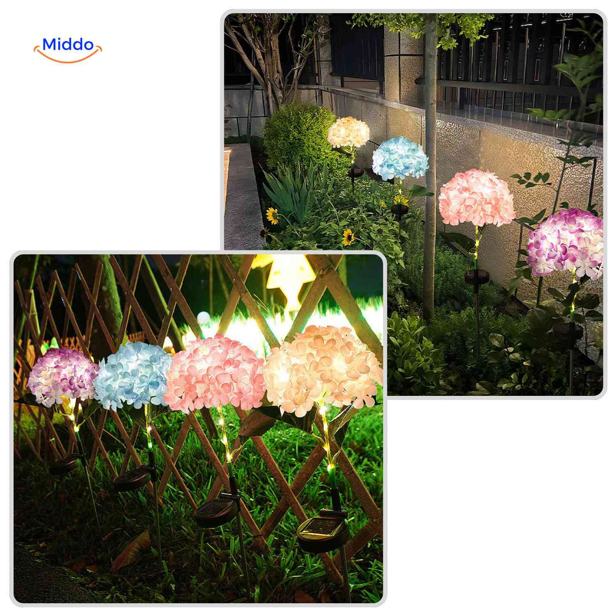 Mixed color hydrangea lanterns providing solar-powered outdoor garden illumination.