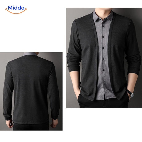 Model in elegant 2-in-1 knit shirt styling.