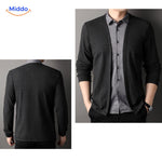 Model in elegant 2-in-1 knit shirt styling.