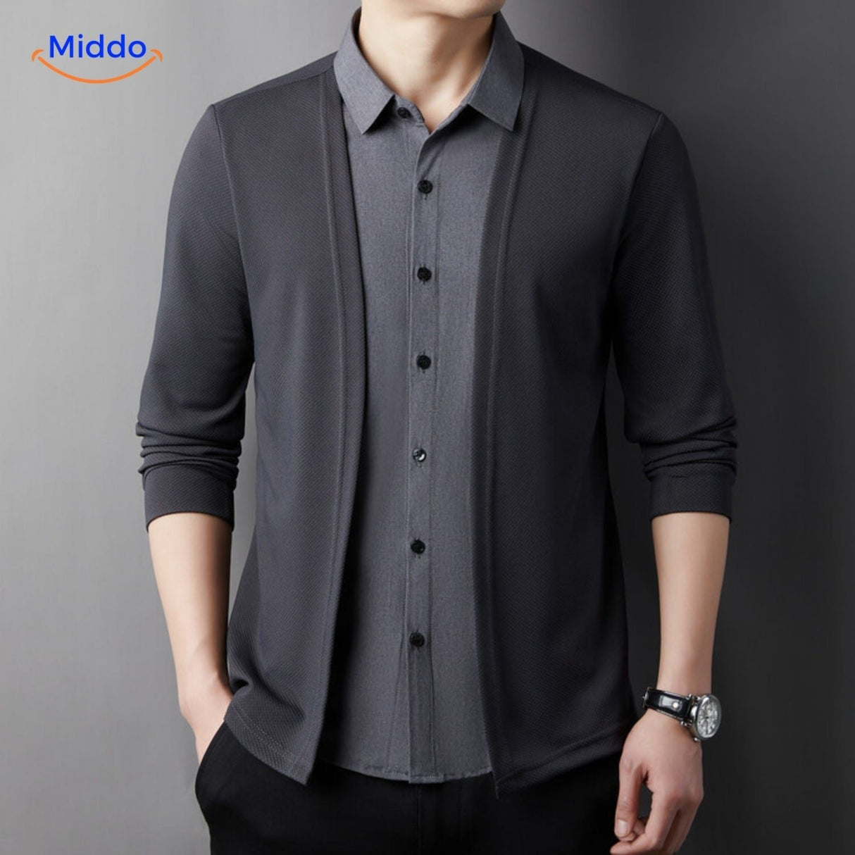 Model styled in 2-in-1 knit shirt showcasing versatile design.