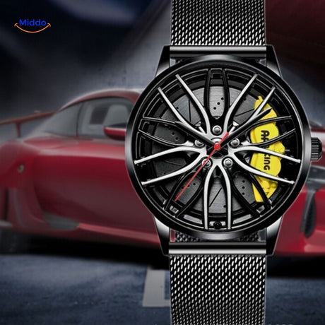 Modern automatic watch with red accent and sleek mesh band construction.