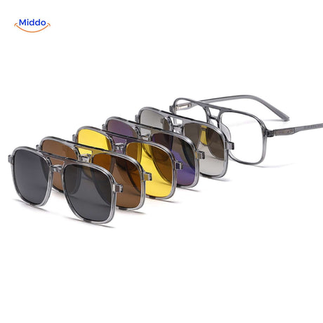 Modular clip-on sunglasses design showing lens options suited for every light condition.