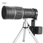 Night vision monocular mounted on tripod with smartphone compatibility.