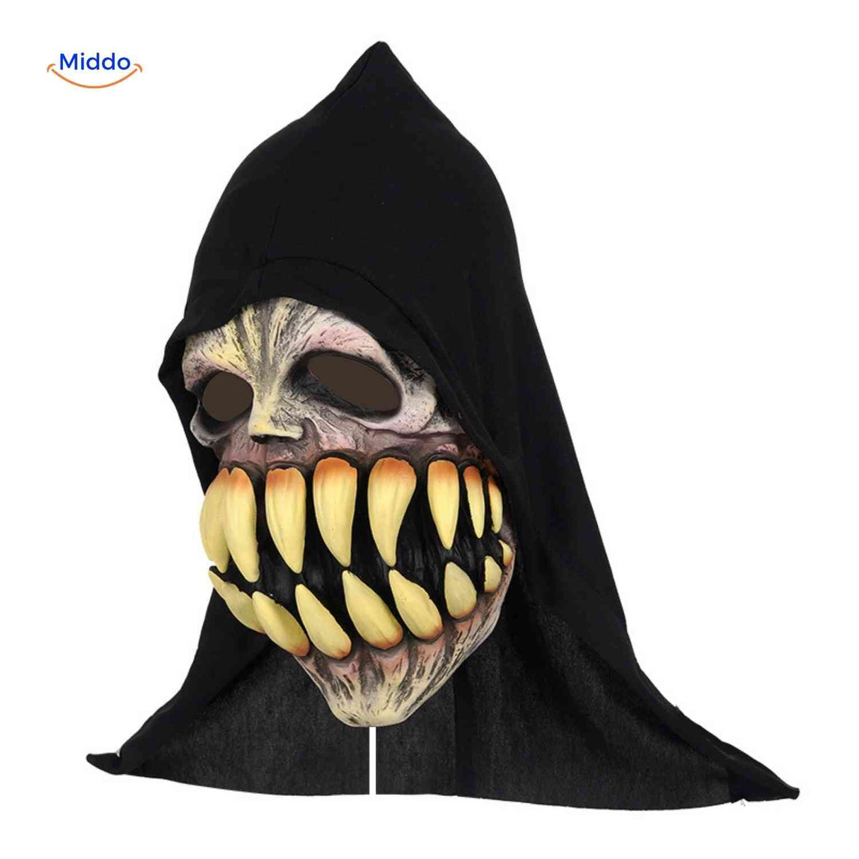 Monster horror mask with large teeth for scary costumes.
