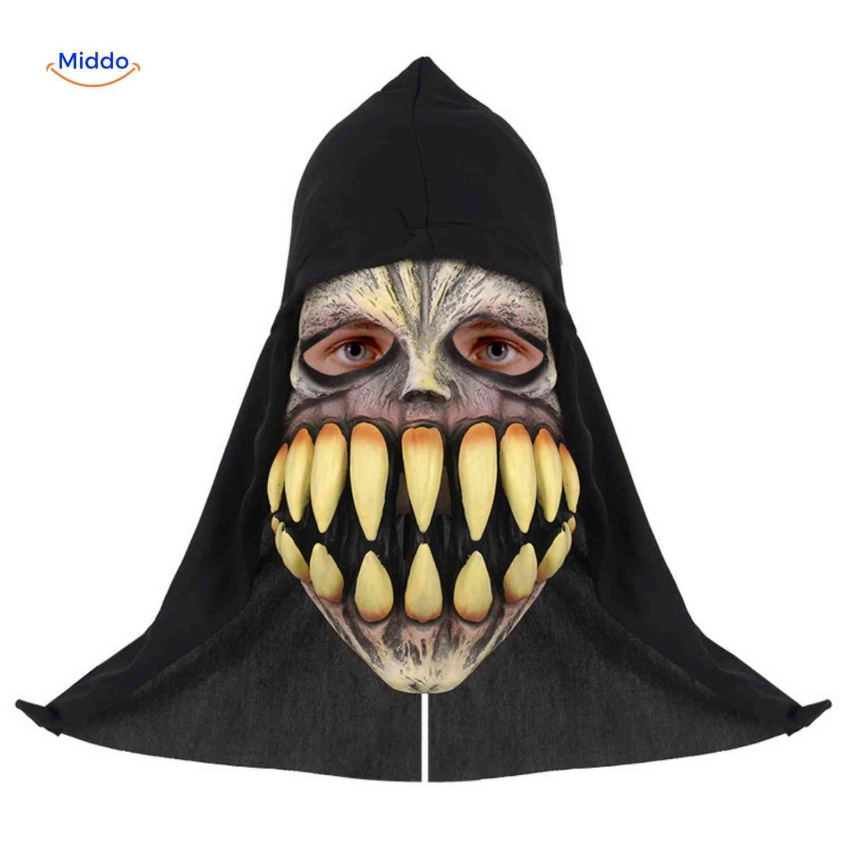 Monster mask with large teeth for horror costume.