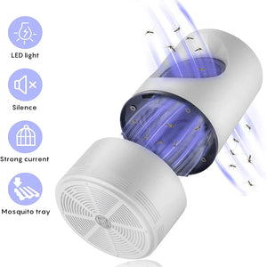 Electric mosquito trap with open chamber showing UV light and collection tray for trapped insects.