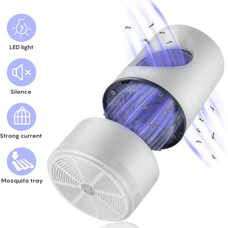 Electric mosquito trap with open chamber showing UV light and collection tray for trapped insects.