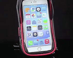 Waterproof motorcycle phone mount product shot on dark background highlighting grip design.