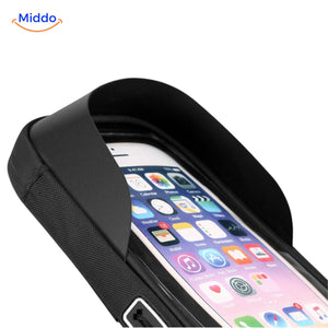 Waterproof phone mount in use showing secure grip stability during motorcycle riding.