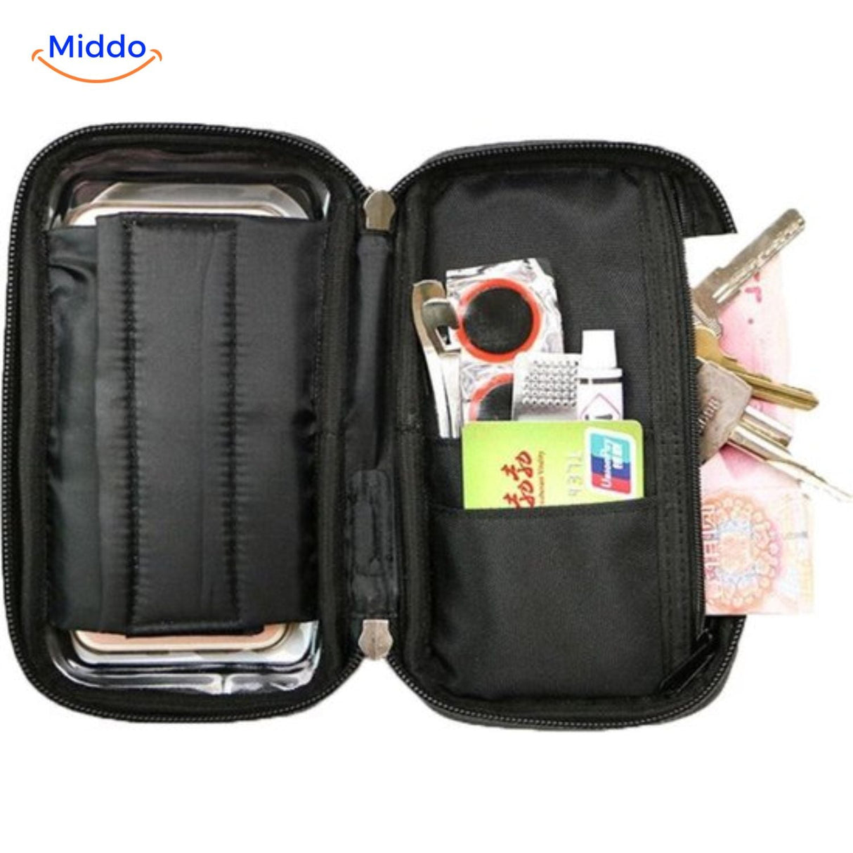Motorcycle phone holder with integrated waterproof storage pocket for keys and cards.