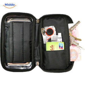 Motorcycle phone holder with integrated waterproof storage pocket for keys and cards.