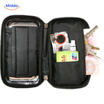 Motorcycle phone holder with integrated waterproof storage pocket for keys and cards.