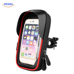 Waterproof motorcycle phone mount in red with vibration-damping grip technology.