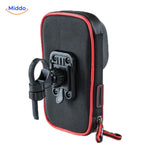 Motorcycle phone mount showing secure metal bracket attachment with tool-free installation.