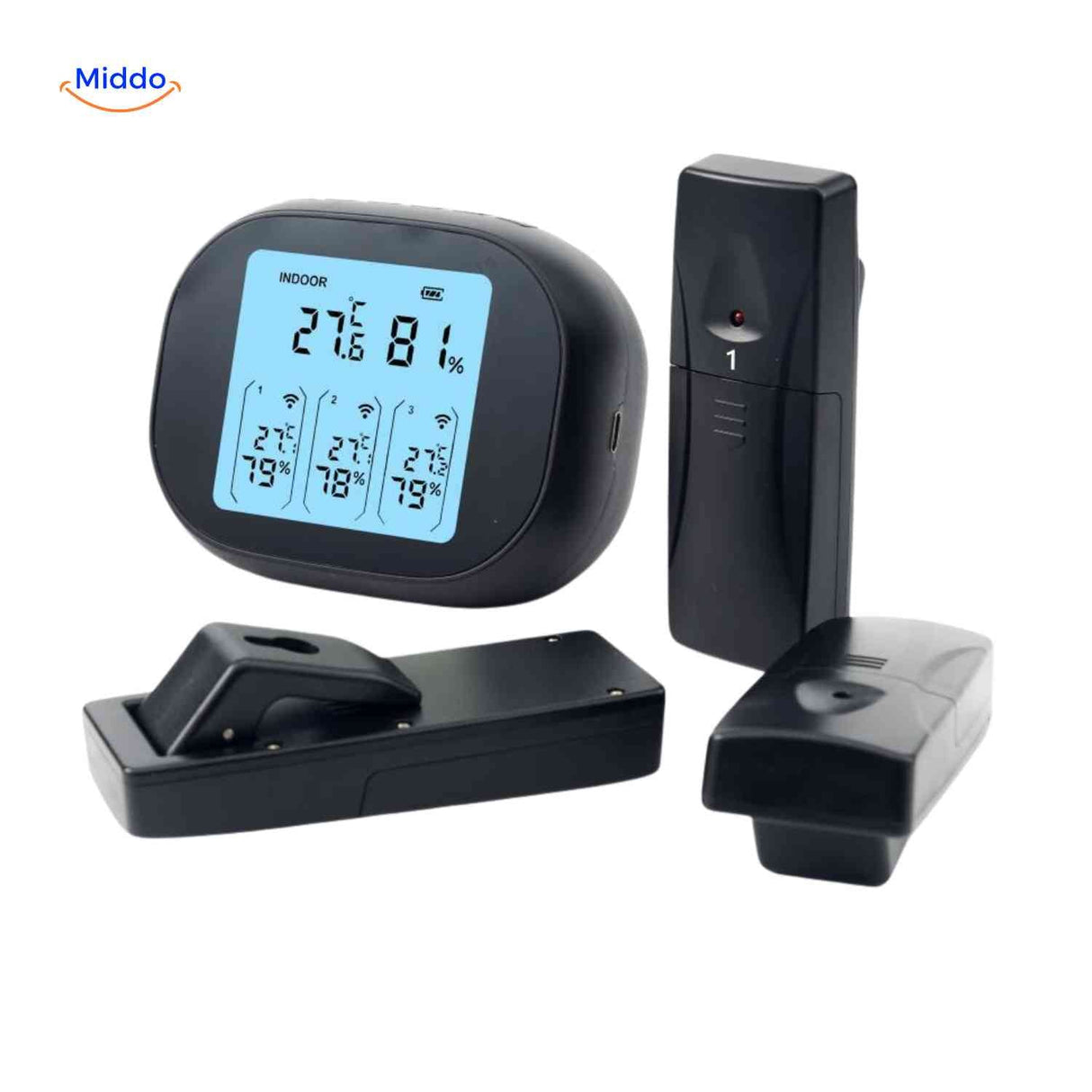 Multi-sensor thermometer-hygrometer set with charging station and remote units.