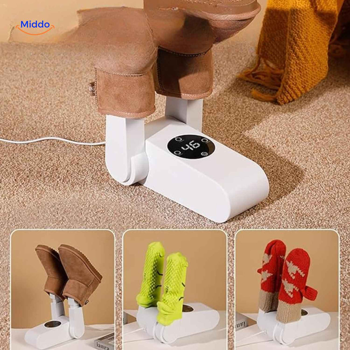 Multi-sided shoe and sock dryer with LED timer display.