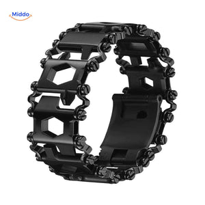 Black stainless steel multi-tool bracelet showing integrated tool design close-up.