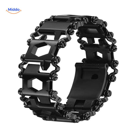Black stainless steel multi-tool bracelet showing integrated tool design close-up.