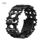 Black stainless steel multi-tool bracelet showing integrated tool design close-up.