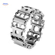 Chrome stainless steel multi-tool bracelet displaying integrated tools and finish.