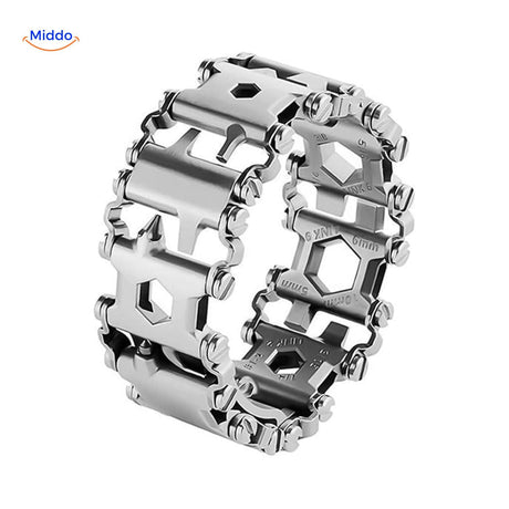 Chrome stainless steel multi-tool bracelet displaying integrated tools and finish.