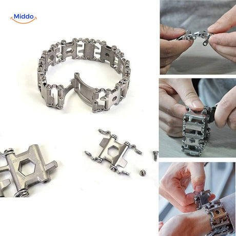 Multi-tool bracelet used in garage for workshop repairs and DIY maintenance.