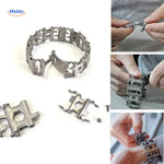 Multi-tool bracelet used in garage for workshop repairs and DIY maintenance.