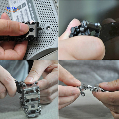 Hand demonstrating multi-tool bracelet in active use extracting integrated tools.