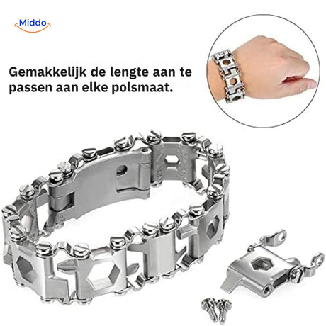 Easy installation of SurvivePro multi-tool bracelet with quick-release mechanism.